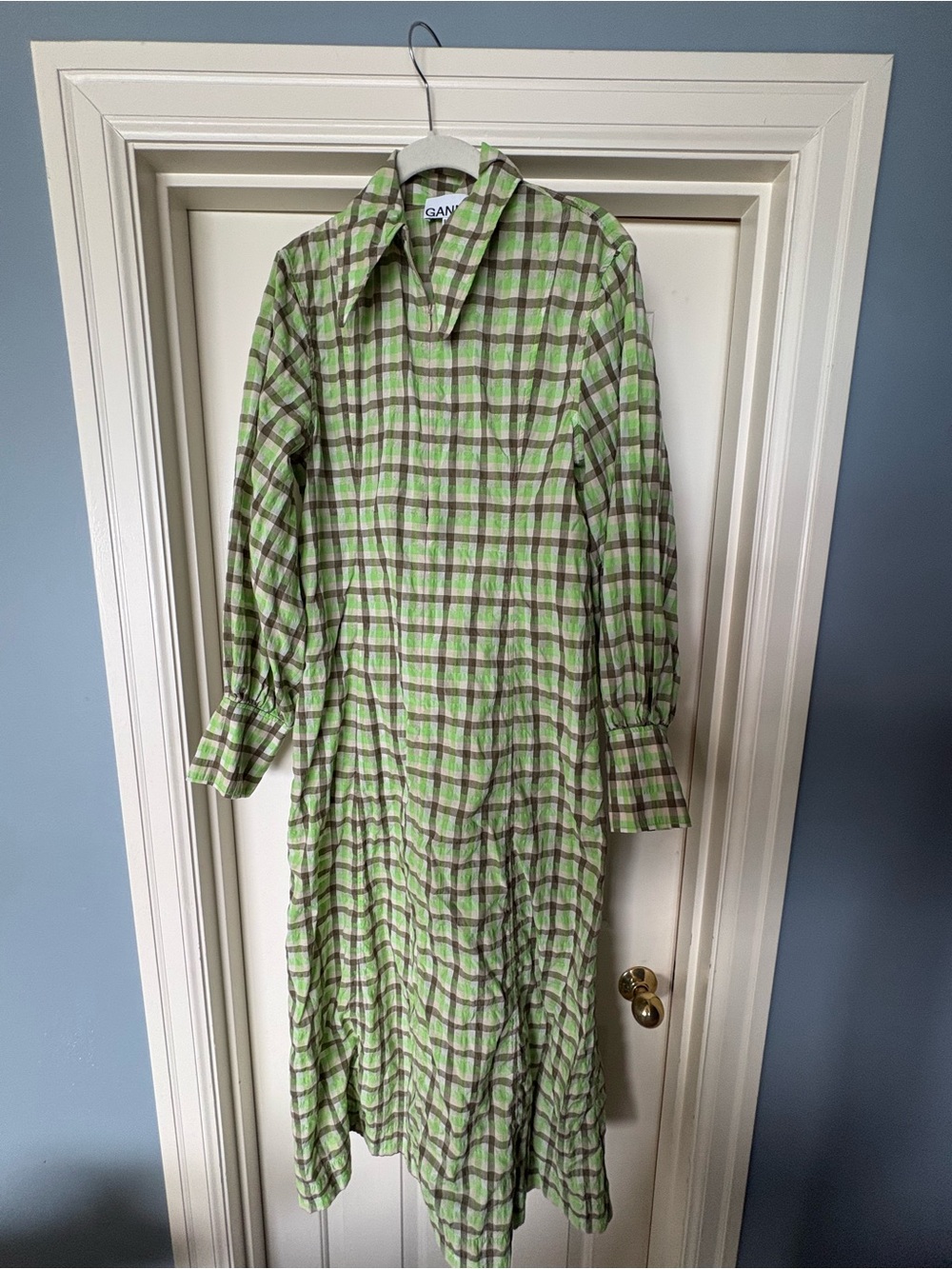 *Ganni Long-Sleeved Gingham Dress**